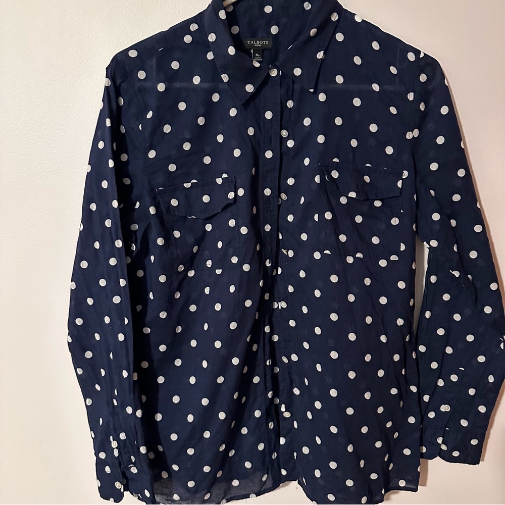 Talbots Navy and White Polka Dot Shirt‎